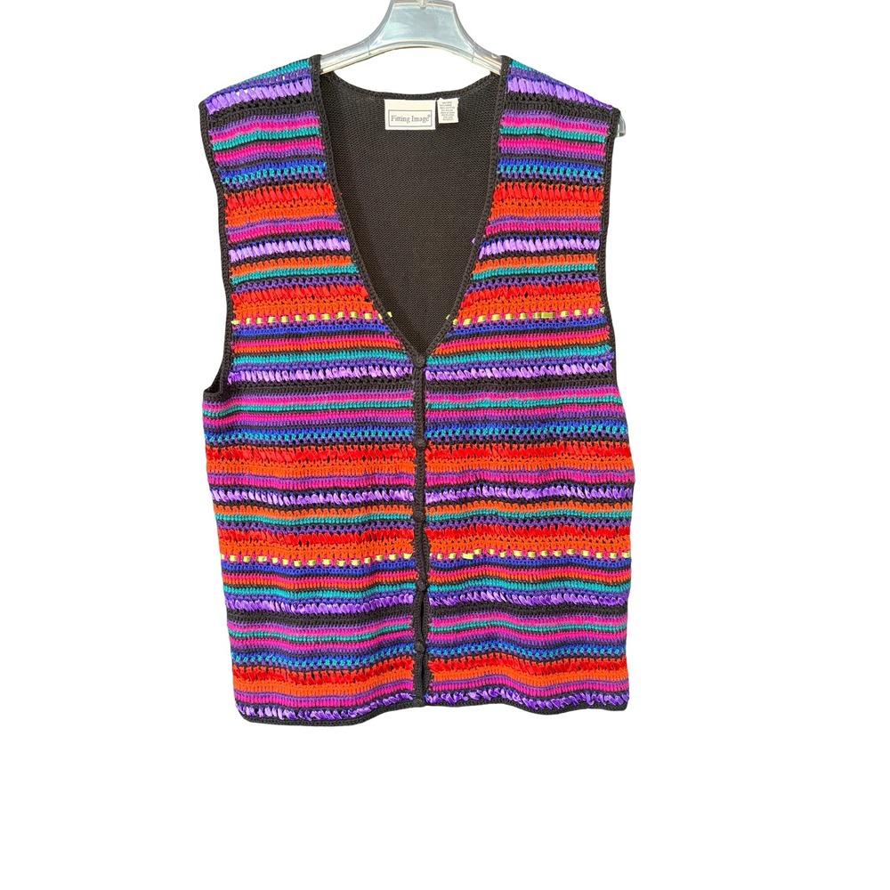 Fitting Image Crochet Ribbon‎ Striped Vest Women's 18/20 Rainbow Retro Boho EUC